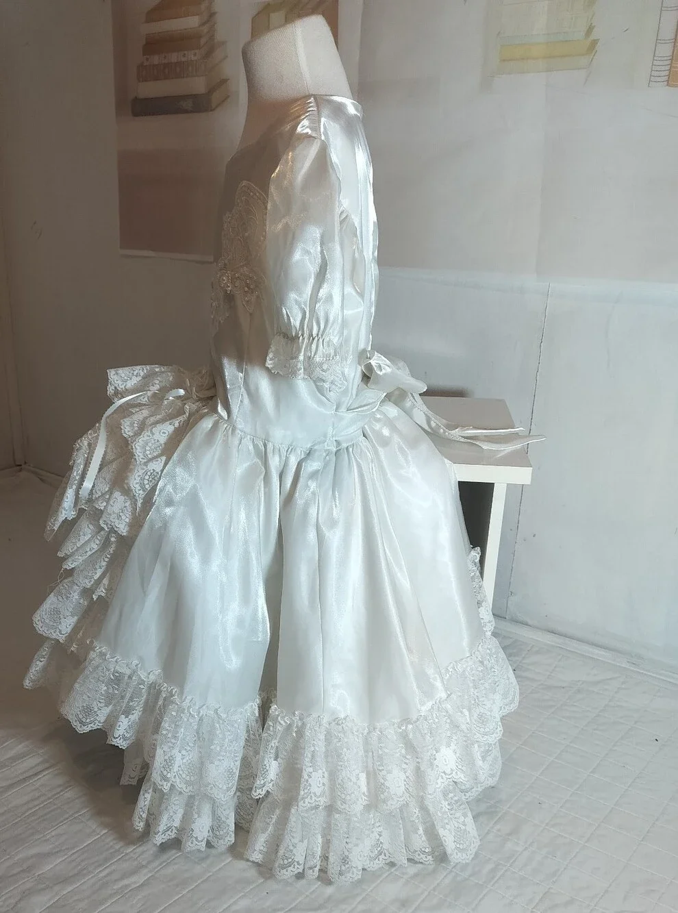 & Other Stories White Satin Lace Theater Dress with Puff Sleeves